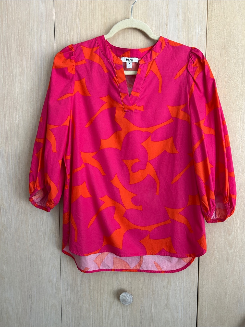 Bar III Pink and Orange Abstract V-Neck Blouse